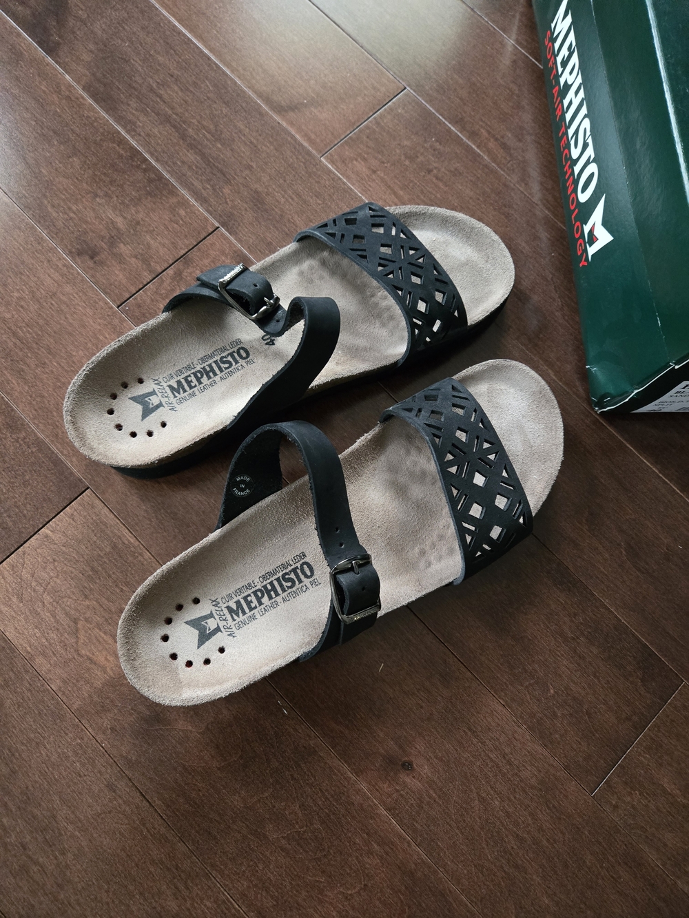Mephisto Black Laser-Cut Leather Slide Sandals, New
